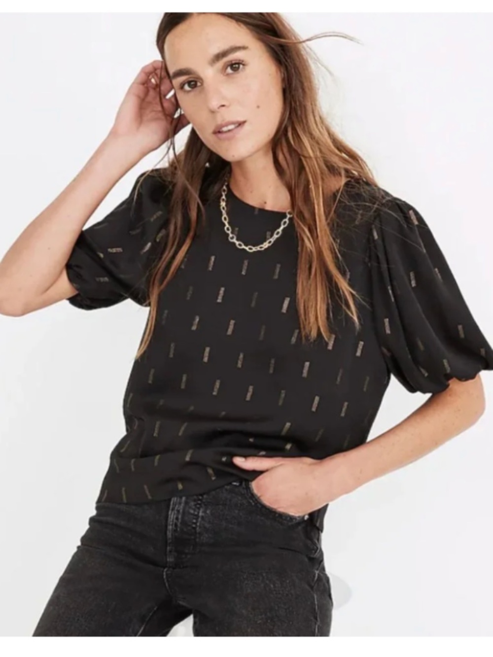 Madewell Metallic Jacquard Puff-Sleeve Shimmer Top Black Gold Size Small